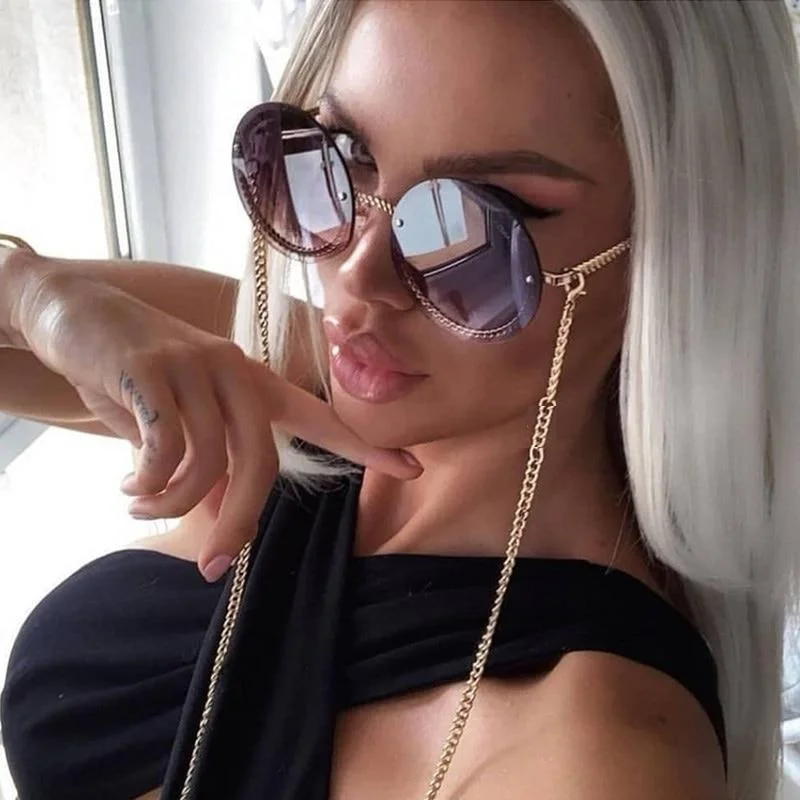 ladies sunglasses fast drop -Women's Luxury Round Designer Rimless Sunglasses with Pearl Chain