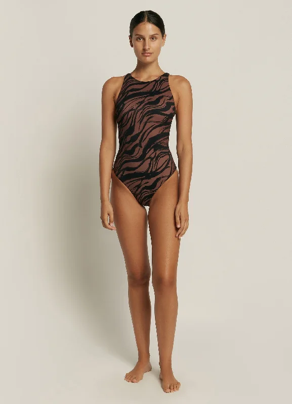 ladies one-piece swimsuit fold tight -Nomade High Neck One Piece - Burnt Clay/Black