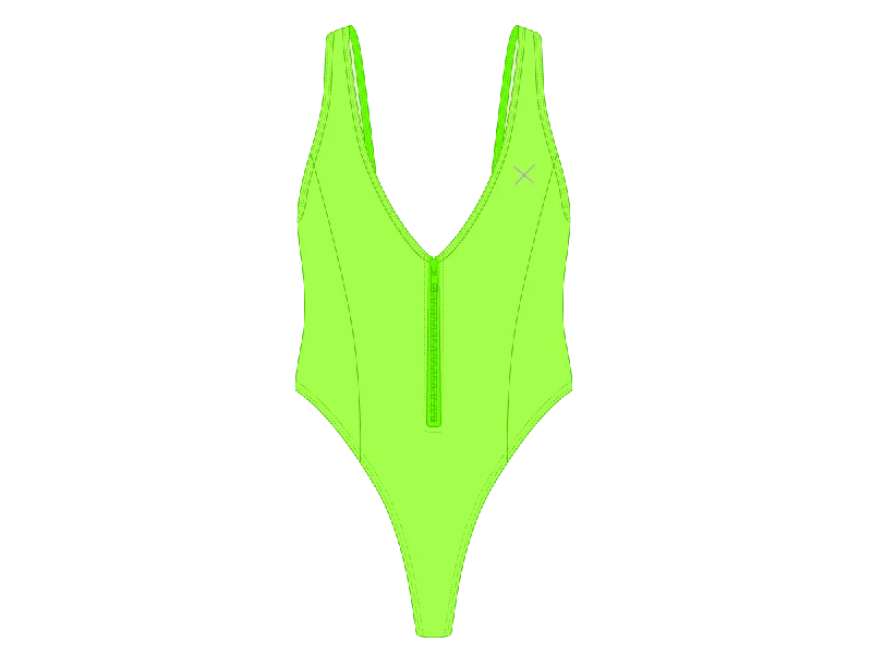 ladies one-piece swimsuit shaped panels -Lime Green Zipper One-Piece