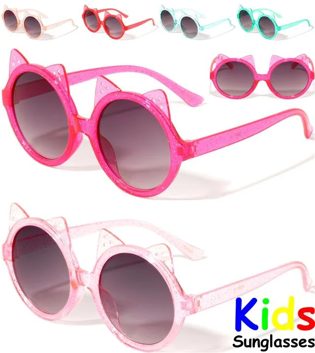 ladies sunglasses glare shield -Girl's Glitter Round Cute Ear Sunglasses for Kid's