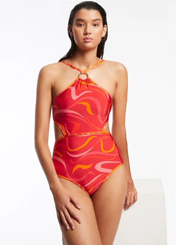 ladies one-piece swimsuit quirky cut -Vortici High Neck Trim One Piece - Cherry