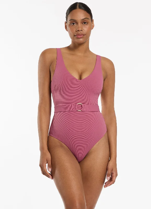 ladies one-piece swimsuit flat bust -Isla Rib V-Neckline Belted One Piece - Mauve