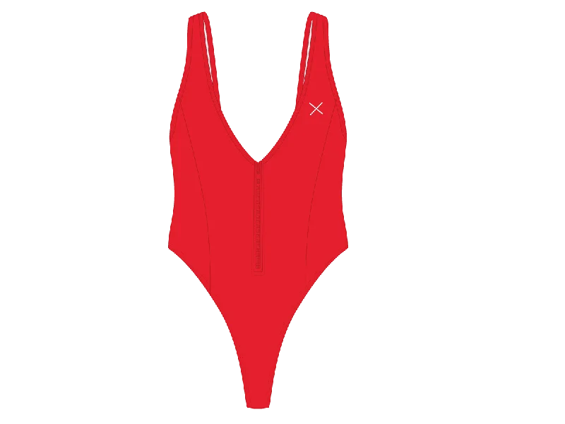 ladies one-piece swimsuit 90s flair -Rose Red Zipper One-Piece