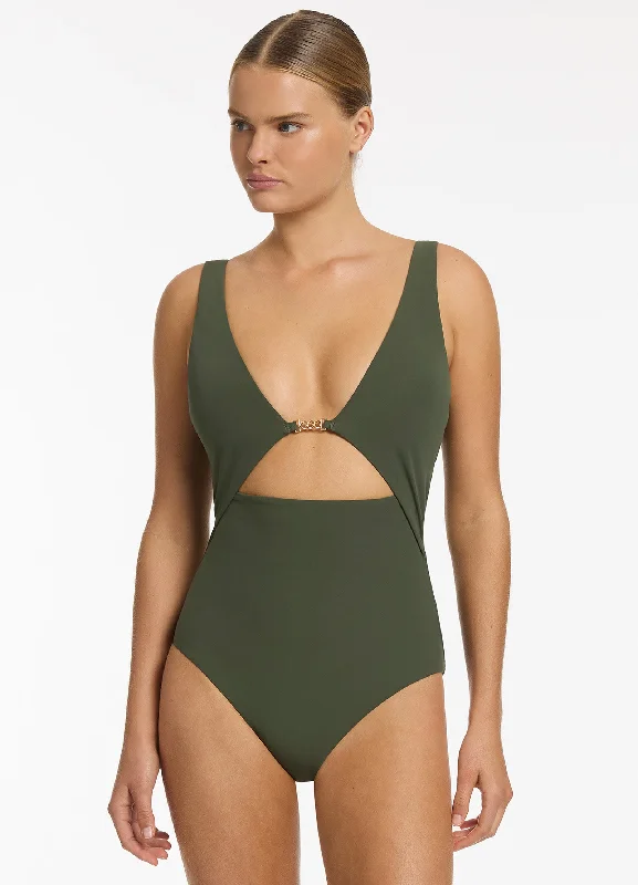 ladies one-piece swimsuit free splash -Lien Plunge One Piece - Olive