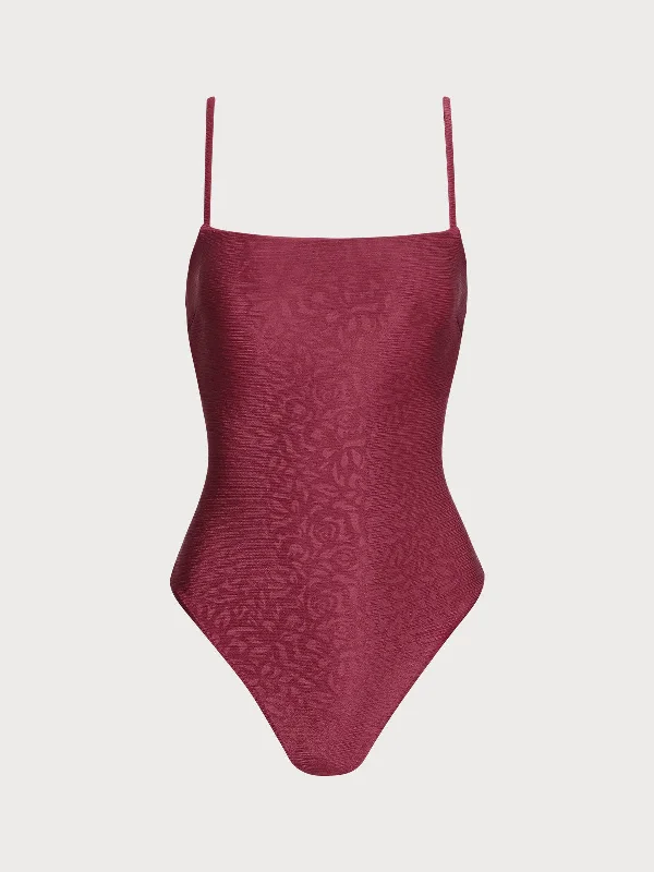 ladies one-piece swimsuit sharp fold -Burgundy Jacquard X Cross One Pieces Swimsuit