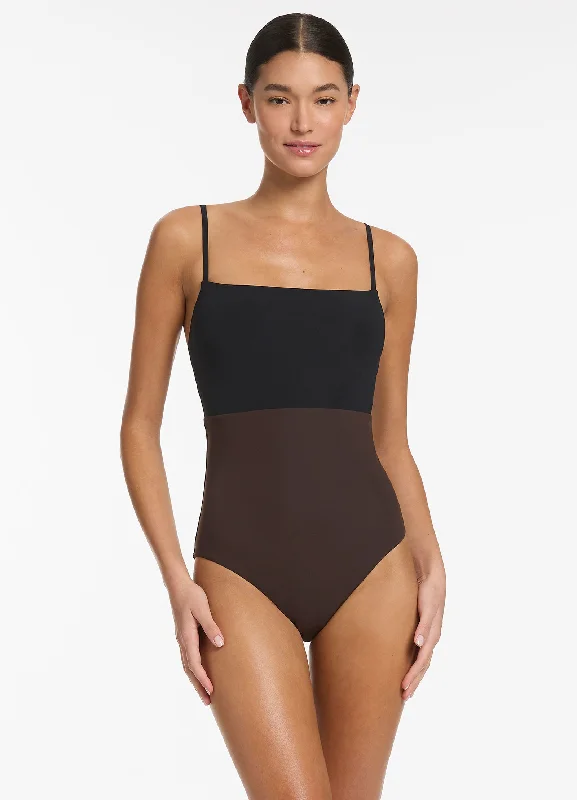 ladies one-piece swimsuit day splash -Versa Tank One Piece - Black/Chocolate