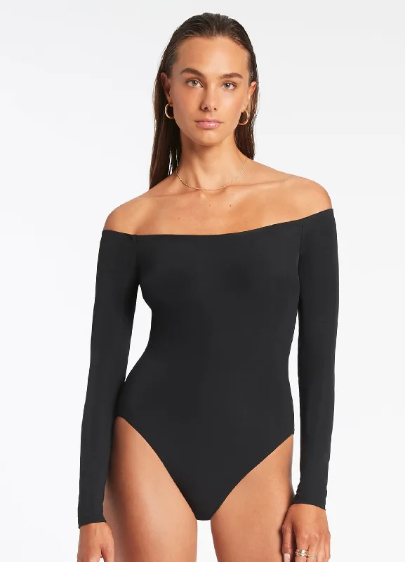 ladies one-piece swimsuit bold flare -Jetset Off Shoulder Surfsuit - Black