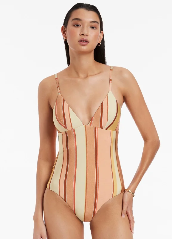 ladies one-piece swimsuit light padding -Fira Stripe V-Neckline One Piece - Marigold