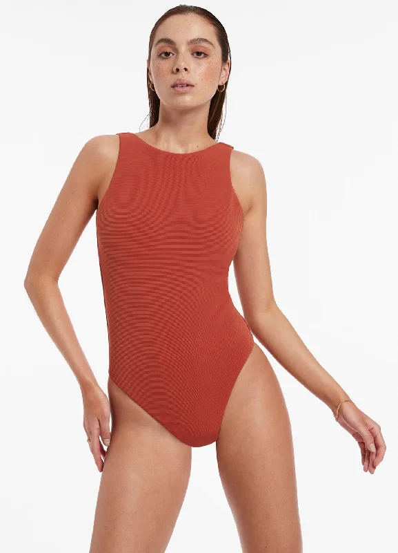 ladies one-piece swimsuit woven straps -Isla Rib High Neck One Piece - Russet