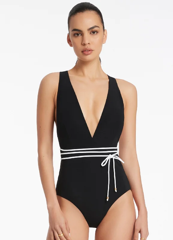 ladies one-piece swimsuit netted straps -Jetset Plunge One Piece - Black