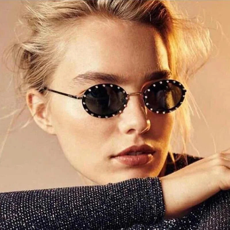 ladies sunglasses duo shades -Women's Vintage Designer Diamond Crystal Round Over Sunglasses