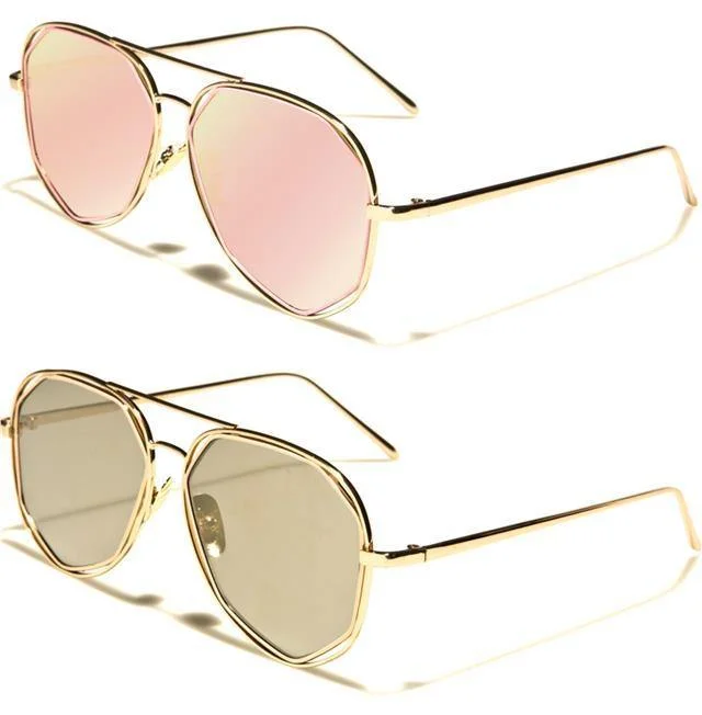 ladies sunglasses grooved bridge -VG Women's Geometrical Pilot mirrored Sunglasses