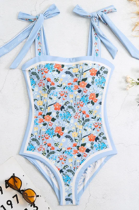 ladies one-piece swimsuit bold scoop -Vintage Blue Floral Print Reversible Tie-Shoulder One Piece Swimsuit