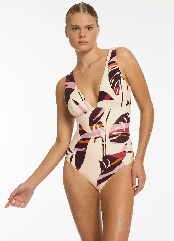 ladies one-piece swimsuit calm chic -Shadow Palm Plunge One Piece - Port