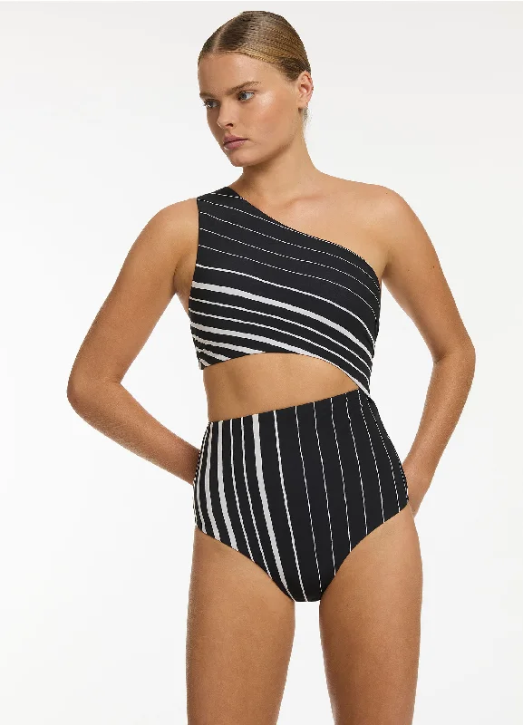 ladies one-piece swimsuit high thigh -Lunar Stripe One Shoulder Cut Out One Piece - Black/Chalk