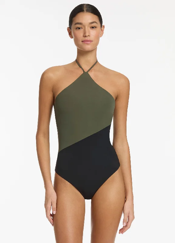 ladies one-piece swimsuit cut sides -Versa High Neck Halter One Piece - Olive/Black