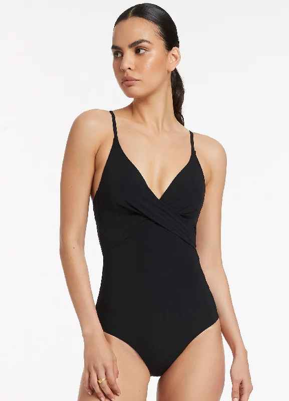 ladies one-piece swimsuit bumpy weave -Jetset Cross Over Moulded One Piece - Black