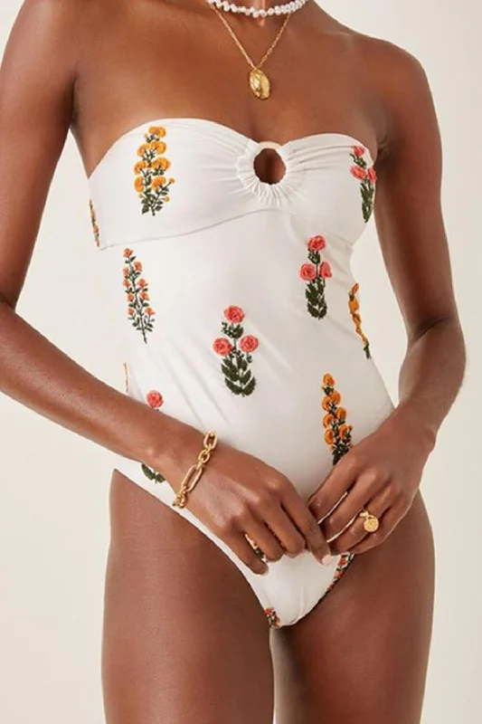 ladies one-piece swimsuit light weave -Floral-Embroidered Strapless One Piece Swimsuit With O-Ring Detailing