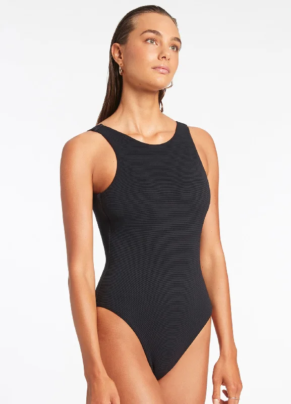 ladies one-piece swimsuit zip back -Isla Rib High Neck One Piece - Black