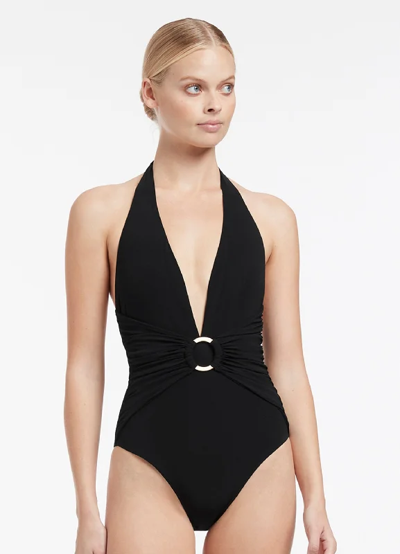 ladies one-piece swimsuit swift send -Jetset Plunge One Piece - Black