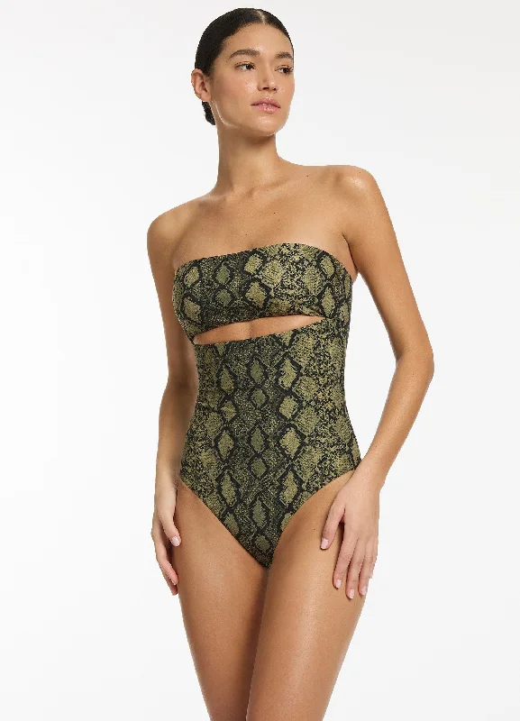 ladies one-piece swimsuit long fit -Python Splice Bandeau One Piece - Olive