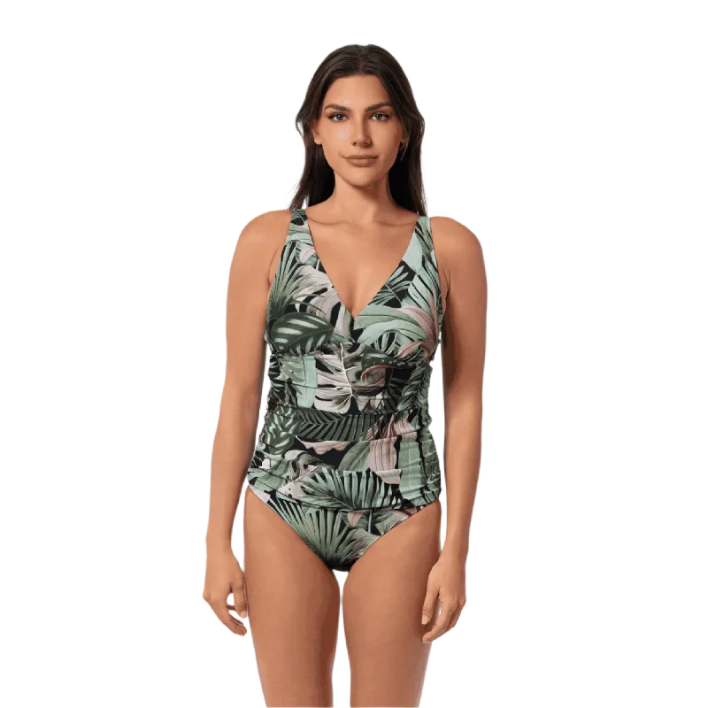 ladies one-piece swimsuit mid hold -Jantzen Surplice Mio One Piece Swimsuit - Jungle Glam